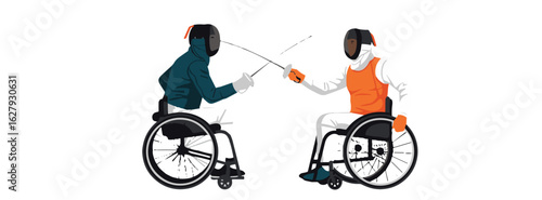 Two Determined Para-Athletes Engaged in an Intense and Strategic Wheelchair Fencing Match, Showcasing Skill, Focus, and the Competitive Spirit of Adaptive Sports