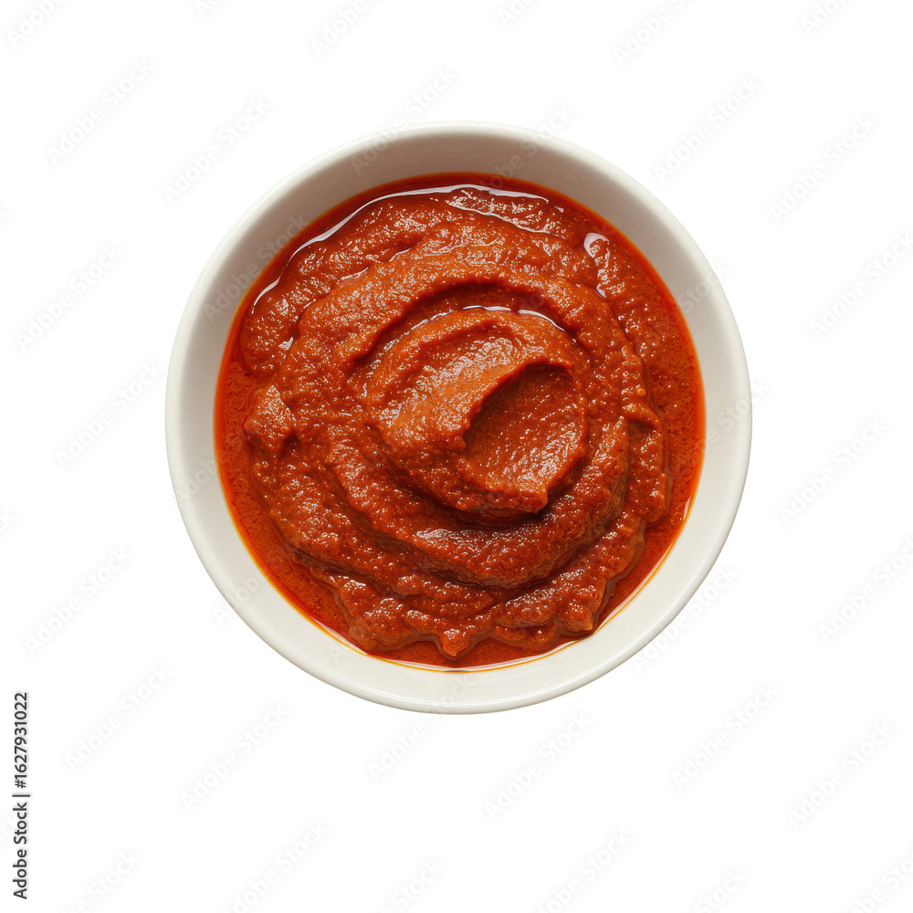 Fototapeta premium Bowl of rich red tomato sauce on a white background, perfect for culinary use in recipes