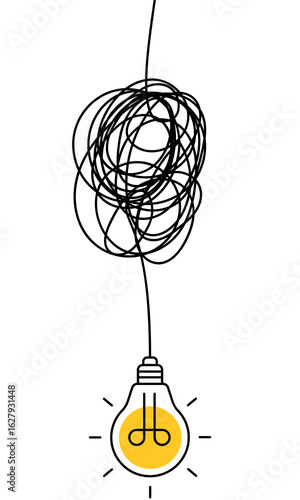 Light bulb on tangled electric wire on white background
