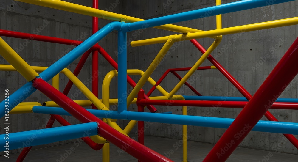 A complex arrangement of red blue and yellow pipes against a concrete wall in a three d rendering A complex arrangement of red blue and yellow pipes against a concrete wall in a three d rendering