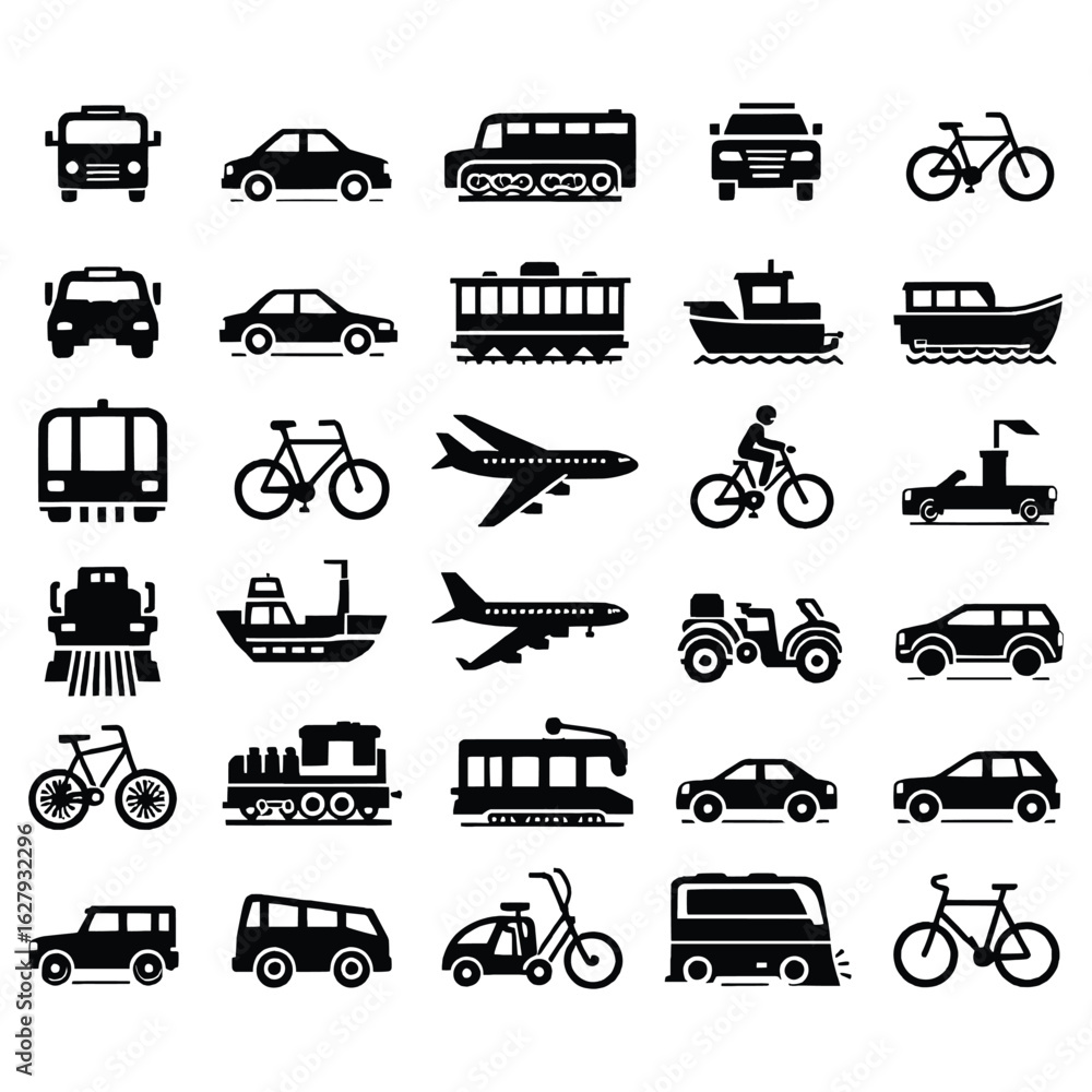 Obraz premium Collection of diverse transportation vehicle silhouettes including cars buses trains airplanes boats and bicycles isolated on white background silhouette