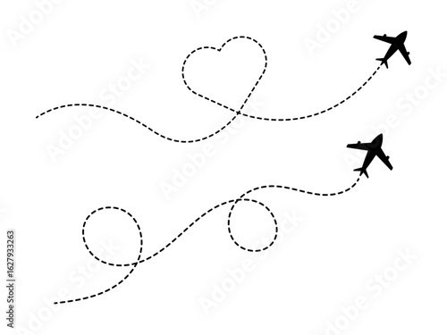 Airplane with dotted line route or Airplane flight line path