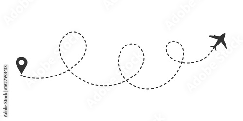 Airplane with dotted line route or Airplane flight line path