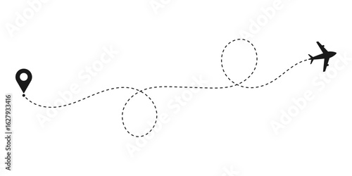 Airplane with dotted line route or Airplane flight line path