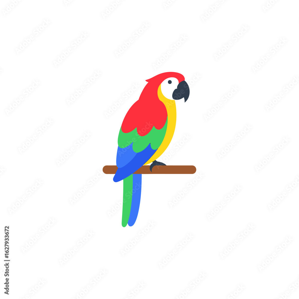 Naklejka premium Colorful parrot illustration perched on a wooden branch against a clean white background.