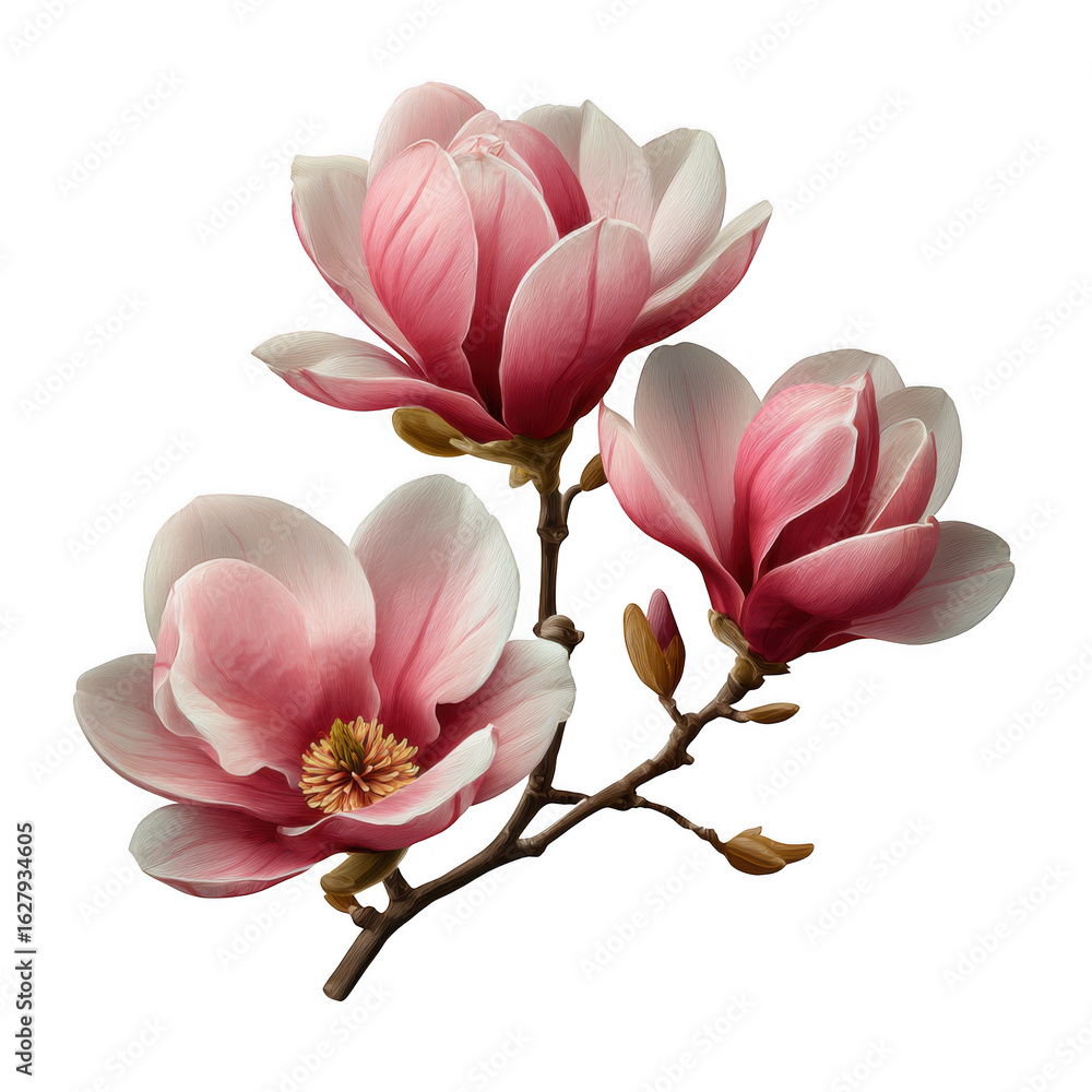 Fototapeta premium Three delicate pink magnolia flowers isolated on transparent background
