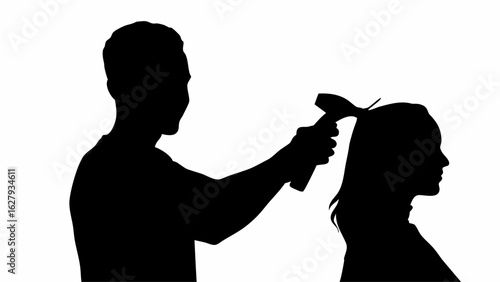 Silhouette of a barber spraying hair on a client in a salon setting with a white background image here