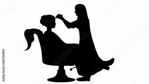 Silhouette of a woman getting her hair styled by a stylist in a beauty salon on a white background
