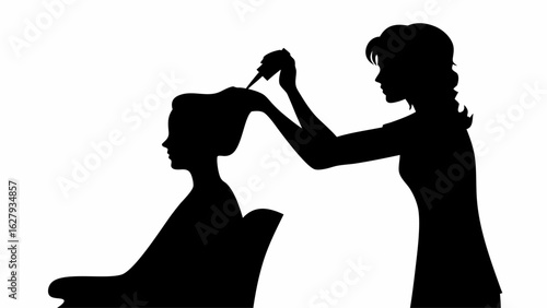 Silhouette of a woman getting her hair dyed by a stylist in a salon, isolated on a white background