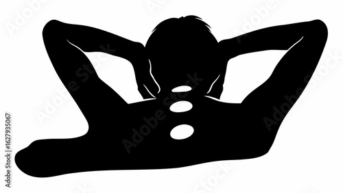 Silhouette of a person lying down with hands behind their head and hot stones on their back for treatment