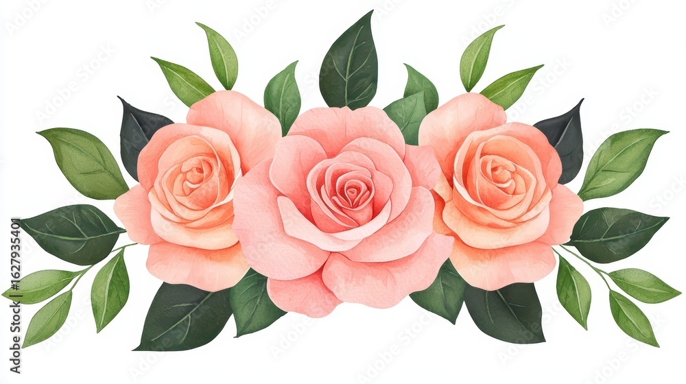 Naklejka premium Tender Pink Roses with Green Leaves for Decorative Use