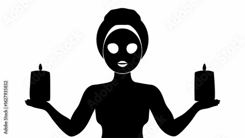 Silhouette of a woman with a facial mask and towel holding lit candles in her outstretched hands in black
