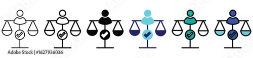 Justice and Balance Icon Set – Person with Scales and Checkmark Representing Fairness and Ethics Illustration