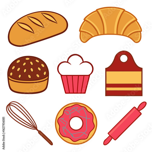 Bakery Items and Baking Utensils on a White Background bread croissant