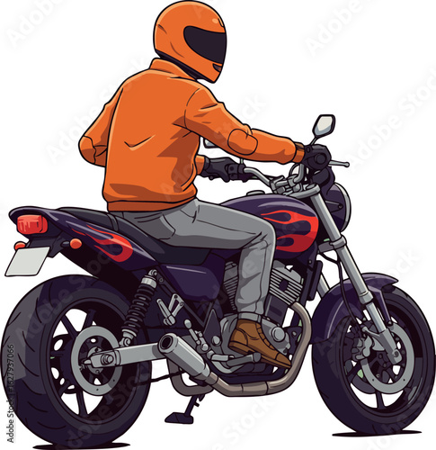 Motorcyclist riding black and red motorcycle wearing orange jacket and helmet vector illustration 