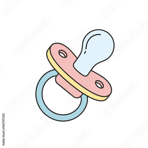 A cute cartoon illustration of a baby's pacifier, colored in soft pastel pink, blue, and yellow.