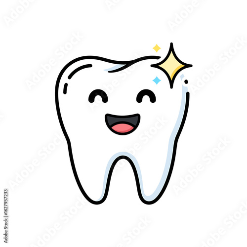 A cute cartoon molar tooth character with a happy, smiling face, sparkling to show it is clean and healthy.