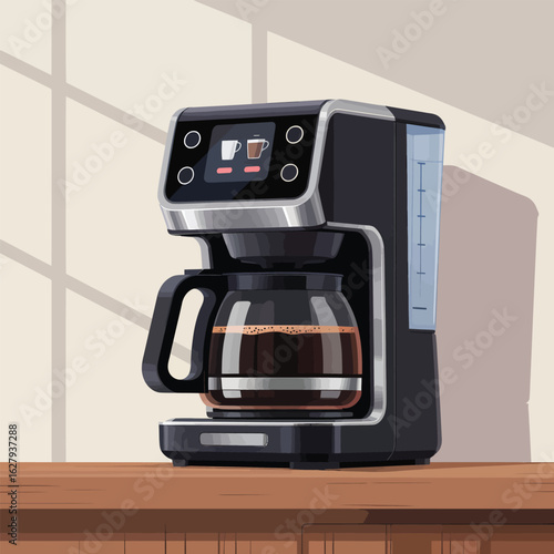 Modern black coffee maker with digital display on a wooden counter appliance kitchen