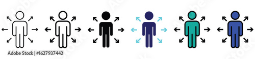Influence and Reach Icon Set – Person with Outward Arrows Representing Impact and Expansion Illustration