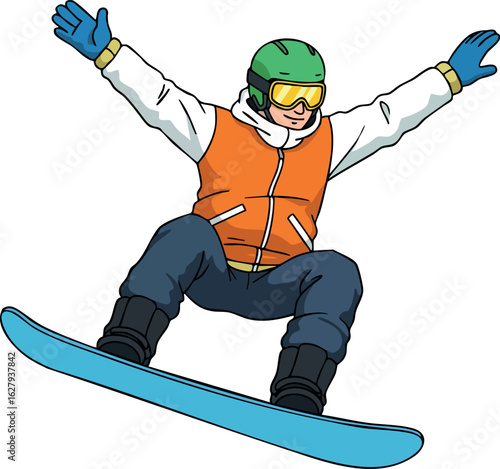 Snowboarder in green helmet and orange jacket performing jump on blue snowboard vector illustration 