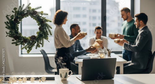Diverse group of colleagues celebrating Christmas at the office, exchanging gifts and sharing a festive moment together.
