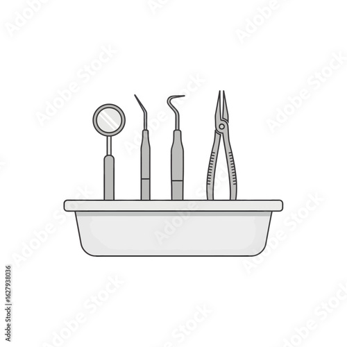 A set of dental instruments including a mirror, scaler, explorer, and forceps resting in a tray, ready for use.