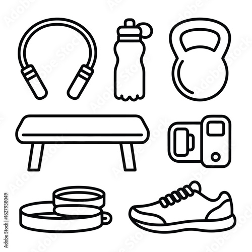 Set of fitness equipment line art icons including jump rope and kettlebell exercise