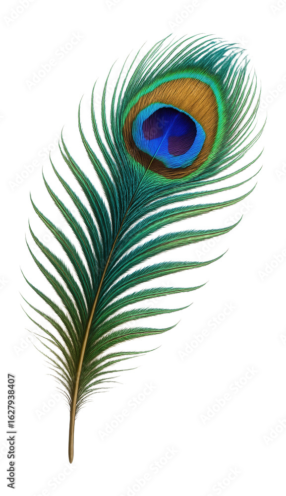 Obraz premium A vibrant peacock feather with striking iridescent colors and intricate patterns on transparent background.