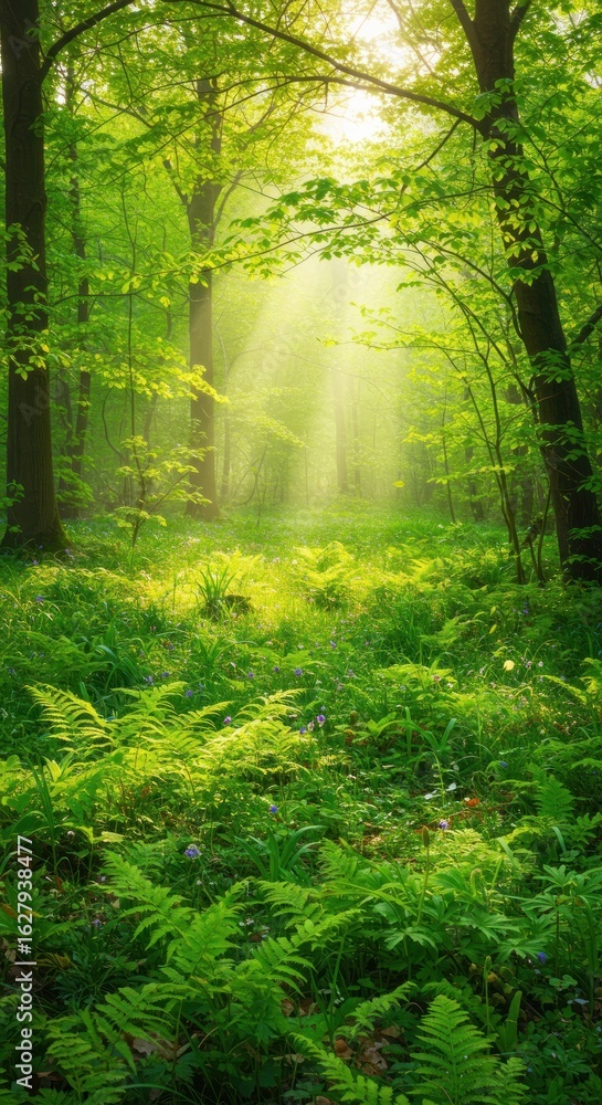 Obraz premium Lush forest bathed in sunlight