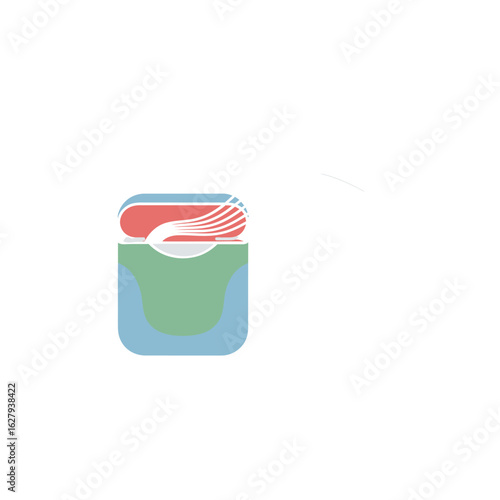 A minimalist graphic illustration of a dental floss dispenser with a red top and green base.