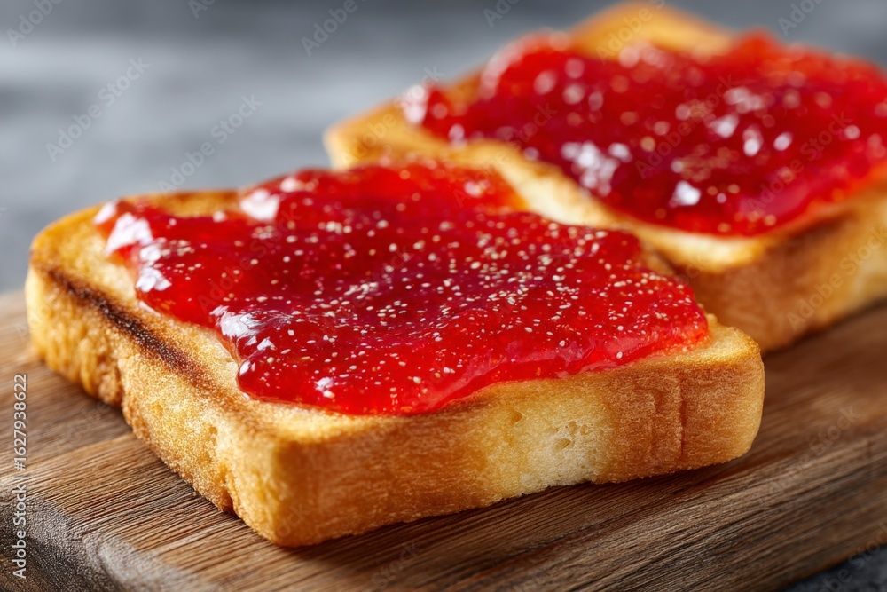 Toast with strawberry jelly served on a wooden board in a cozy kitchen setting during breakfast time Toast with strawberry jelly served on a wooden board in a cozy kitchen setting during breakfast time