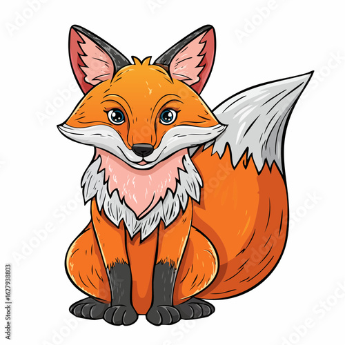 Adorable Cartoon Fox Sitting with a Cute Expression and Detailed Shading Illustration