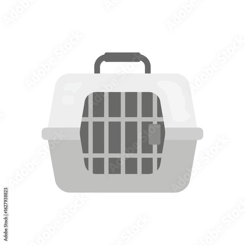 Simple illustration of a grey and white plastic pet carrier with a handle.