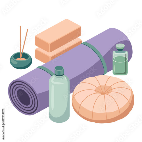 Yoga Mat with Blocks Incense and Essential Oil Bottles Isometric View meditation wellness