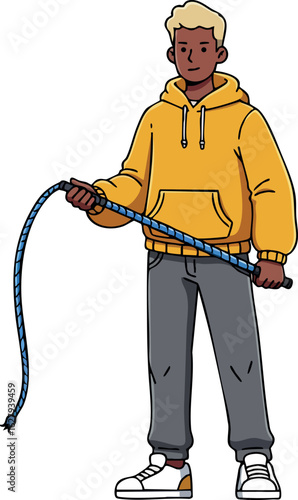 Young man in yellow hoodie holding skipping rope vector illustration casual style 
