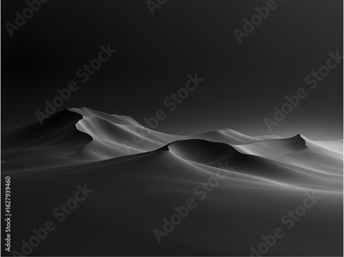 Minimal desert landscape in black and white with smooth sand dunes. Abstract, calm and artistic nature scenery.

