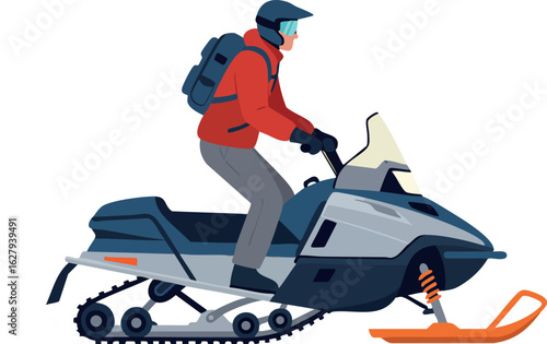Snowmobile rider in red jacket and blue helmet riding winter vehicle vector illustration 