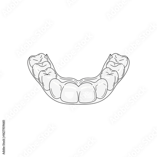 An illustration of a clear plastic dental aligner for the lower jaw, used for orthodontic treatment to straighten teeth.