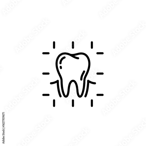 Minimalist line art icon of a molar tooth with roots, symbolizing dental health, care, and examination.