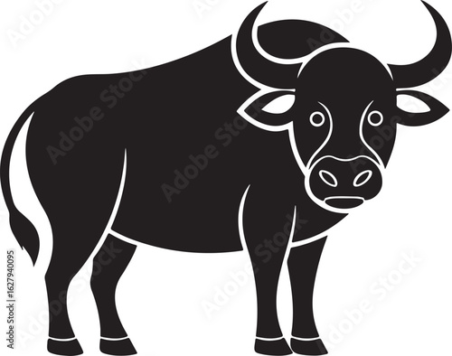 Silhouette of a powerful black bull with large curved horns standing stoically representing strength and wild nature in a simple bold graphic style