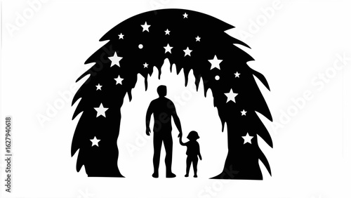 Silhouette of father and child holding hands under a starry archway of leaves and branches design
