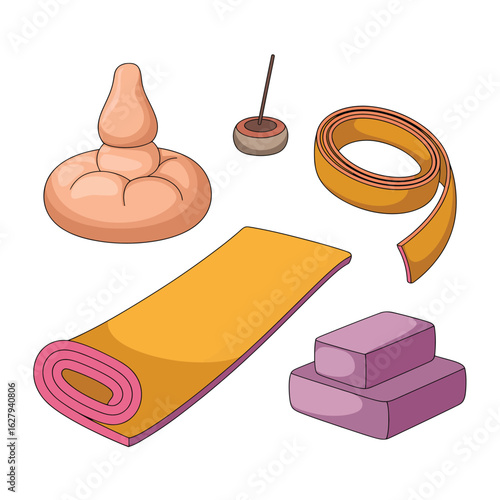 Yoga and meditation accessories including yoga mat and bolster yoga blocks