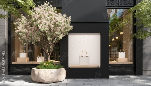 Exterior storefront display of a modern store featuring a flowering tree.