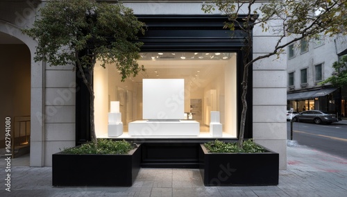 Empty storefront display window with white furnishings and black planters.