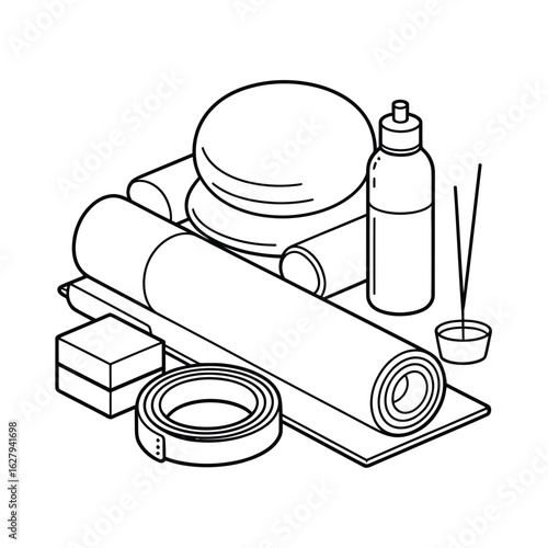 Isometric line art of yoga and meditation items with blocks wellness relaxation