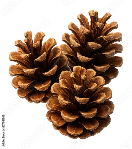 Three natural pine cones with detailed textures and rich brown tones on transparent background.