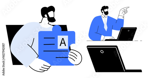 Male figures engaged in analyzing, delegating tasks, and working on laptops for digital collaboration. Ideal for teamwork, office productivity, task scheduling, management, remote work, business