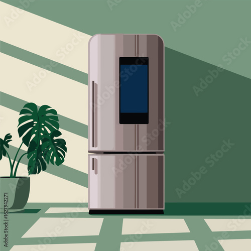 Silver smart refrigerator with a large screen and a potted plant fridge appliance
