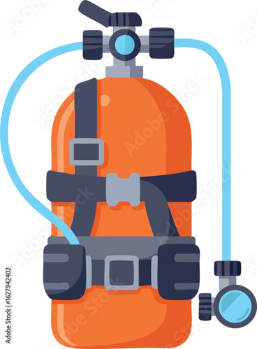 Orange scuba diving oxygen tank with regulator and straps vector illustration 