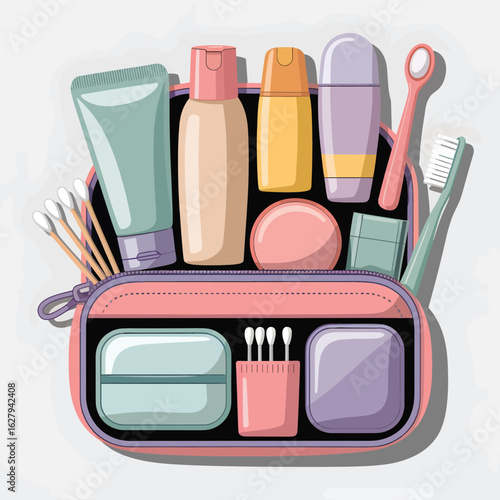 Open toiletry bag filled with various personal care and hygiene products travel kit